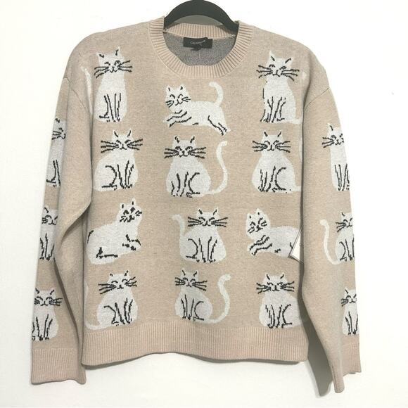Anthropologie Beige Novelty Sweater Cat Kitty Grandma Christmas Holiday NEW L - Picture 8 of 8